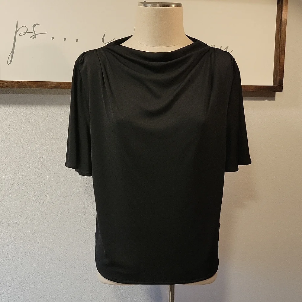 Alfani Black Draped Neck Flutter Sleeve Top - Picture 1 of 12
